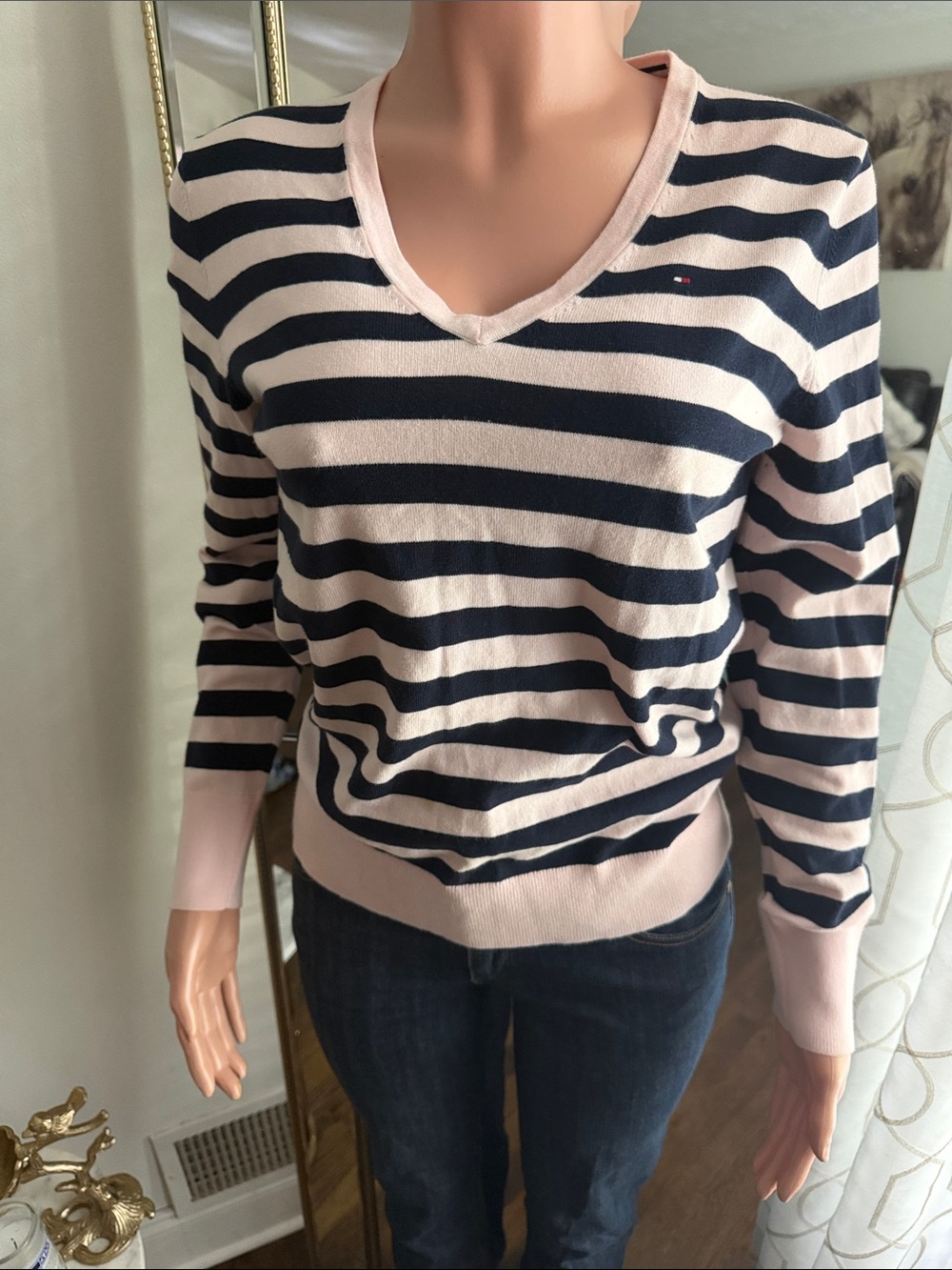 Tommy Hilfiger Pink and Navy Striped V-Neck Sweater